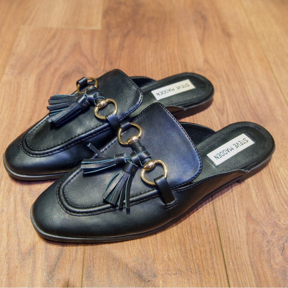 Steve Madden Black Leather Tassel Mules – Size 7.5 (New, Never Worn)
